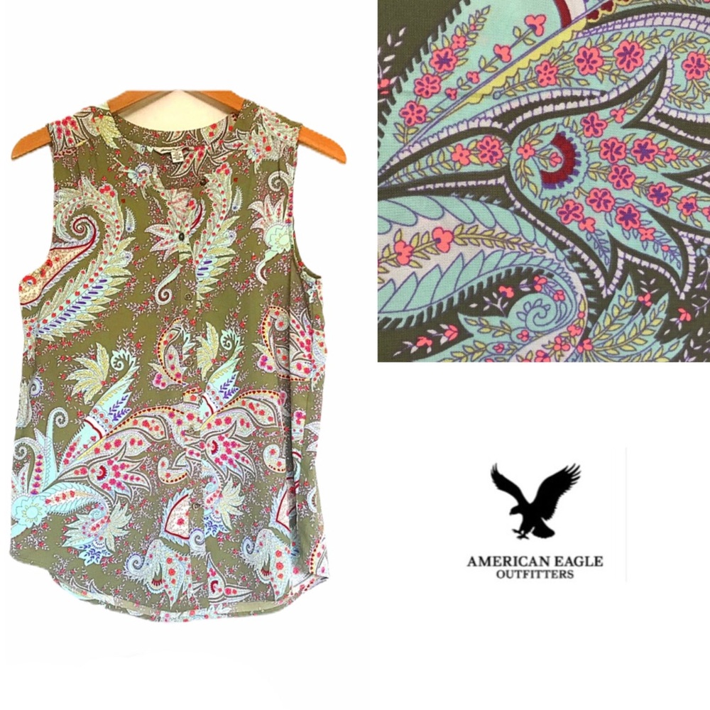 American Eagle Sleeveless Button Down Top Floral Size Small Petite SP